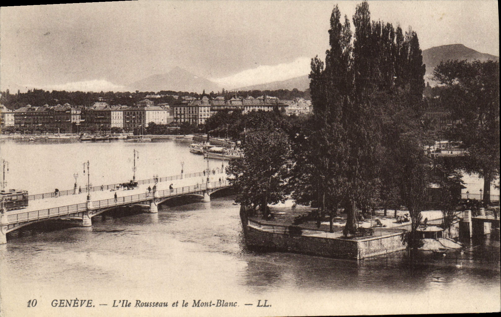 VINTAGE POSTCARD Geneva the Island Rousseau And Mont Blanc