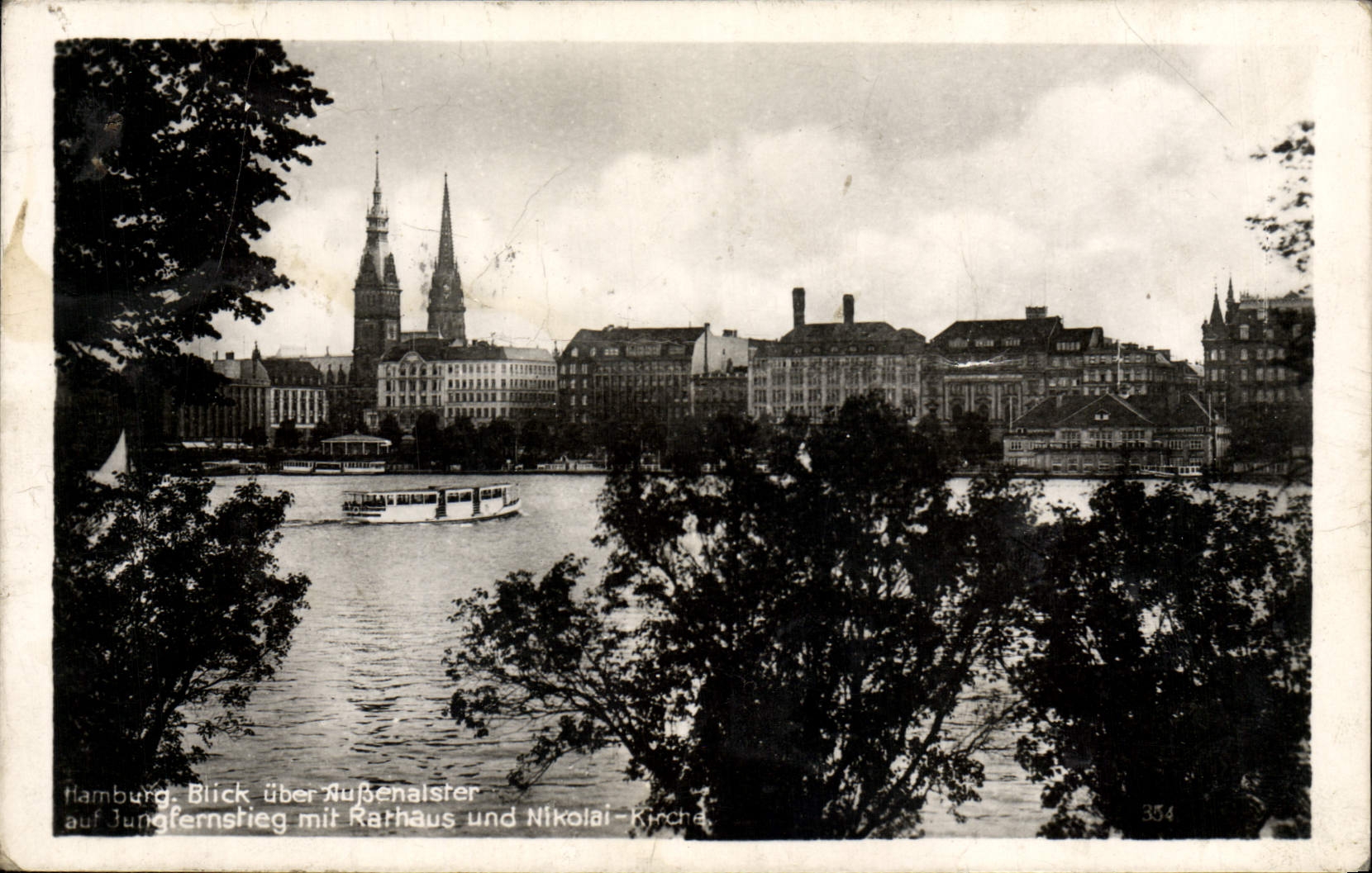 VINTAGE POSTCARD Hamburg Blick uber Ausenaister MIT Rathaus Und Nikolai Kirche