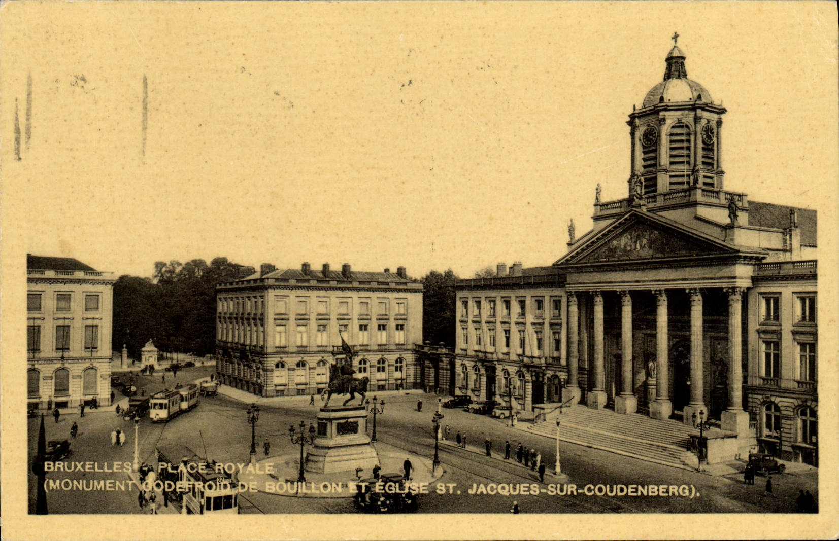 La POSTAL Bruselas de la VENDIMIA coloca Monument real Godefroid de Bouillon y St Jacques de la iglesia en Coudenberg