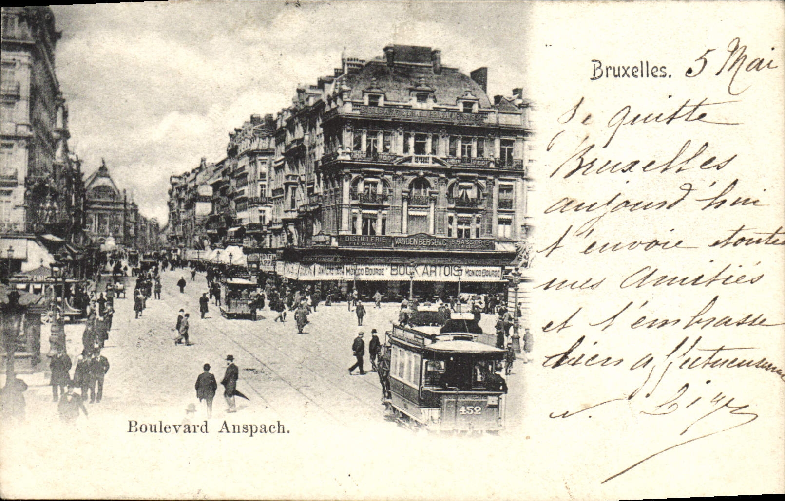 VINTAGE POSTCARD Brussels Boulevard Anspach Tram