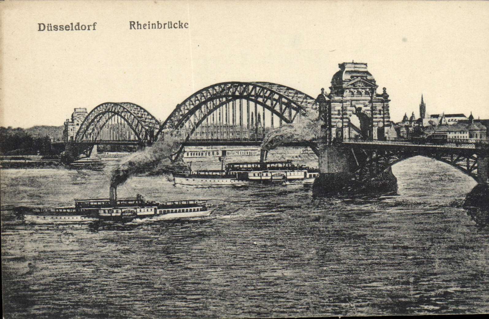 VINTAGE POSTCARD Dusseldorf Rheinbruke Boats