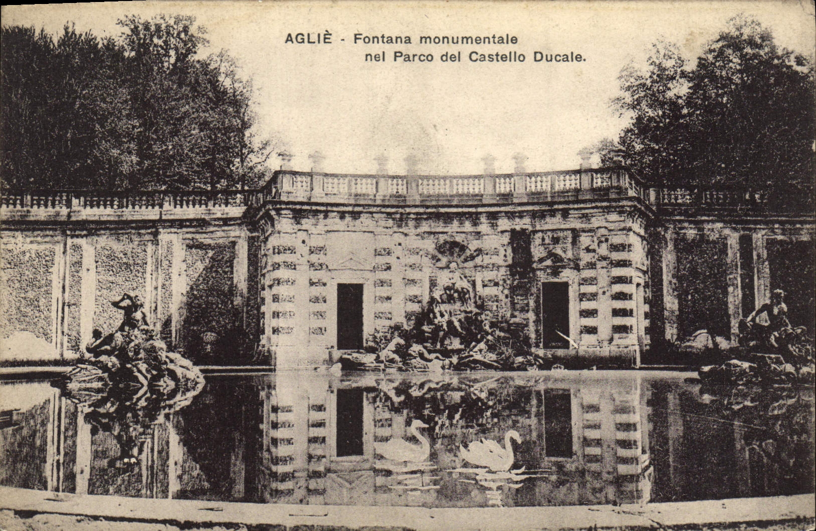 VINTAGE POSTCARD Aglie Fontana Monumental Nel Parco Del Castelle Ducal Swans