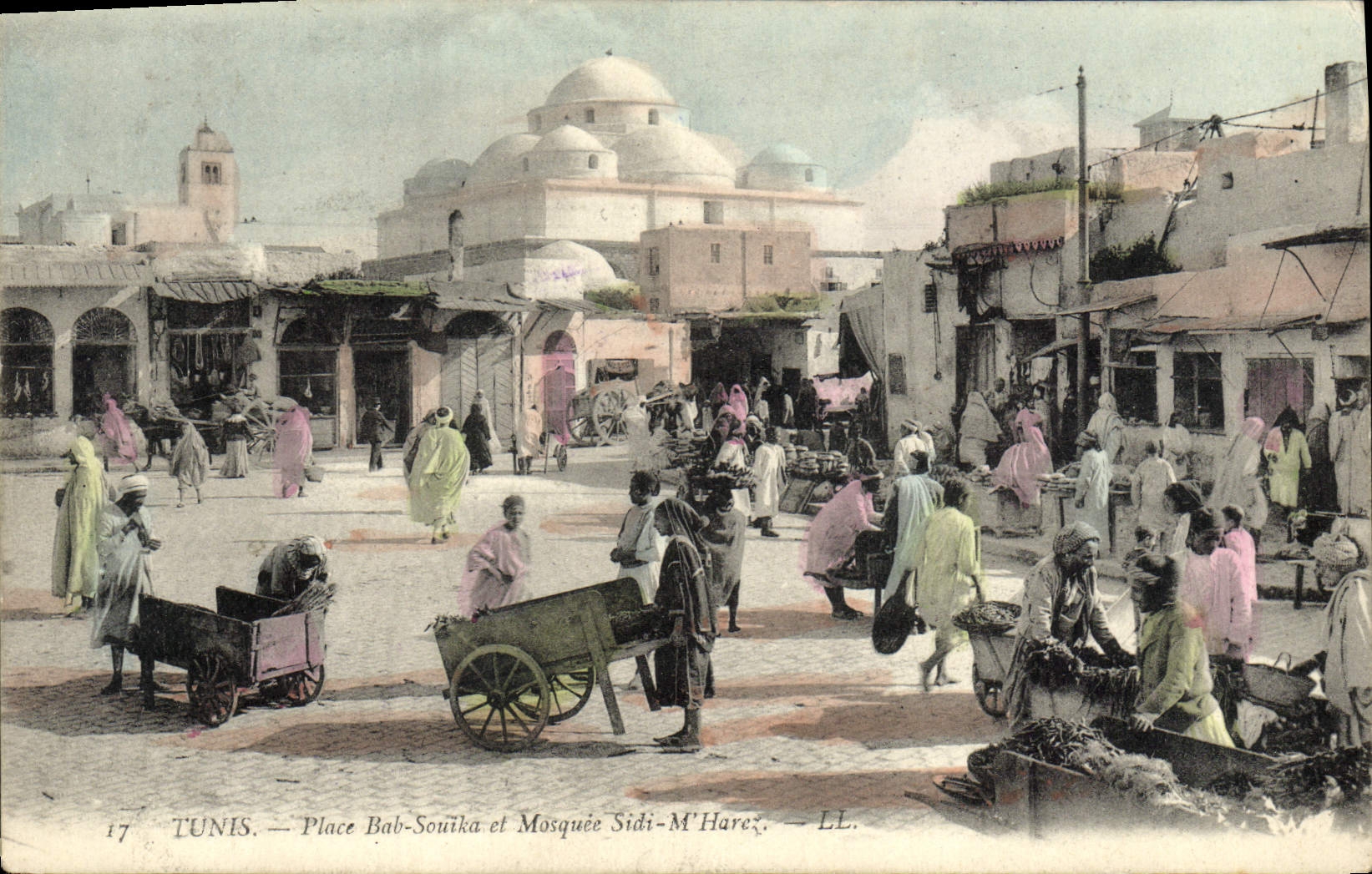 La POSTAL Túnez de la VENDIMIA coloca Bab Souika y Mosquee Sidi yo Harez