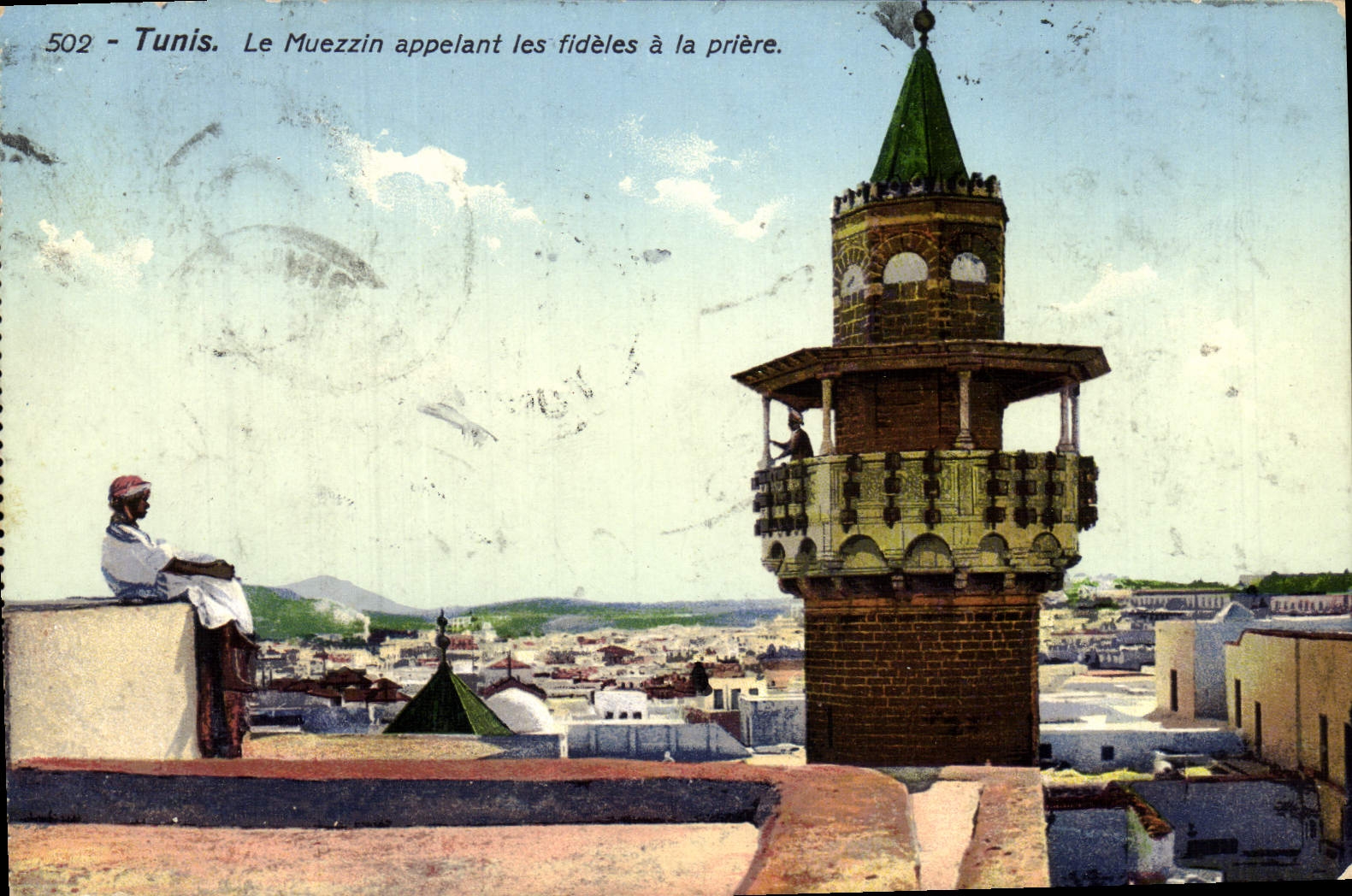 POSTAL Túnez de la VENDIMIA el almuecín que llama los tideles con el rezo