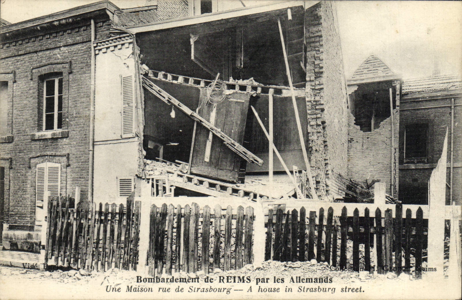 Bombardeo de la POSTAL de la VENDIMIA de Reims de los alemanes una calle de la casa de Estrasburgo Militaria