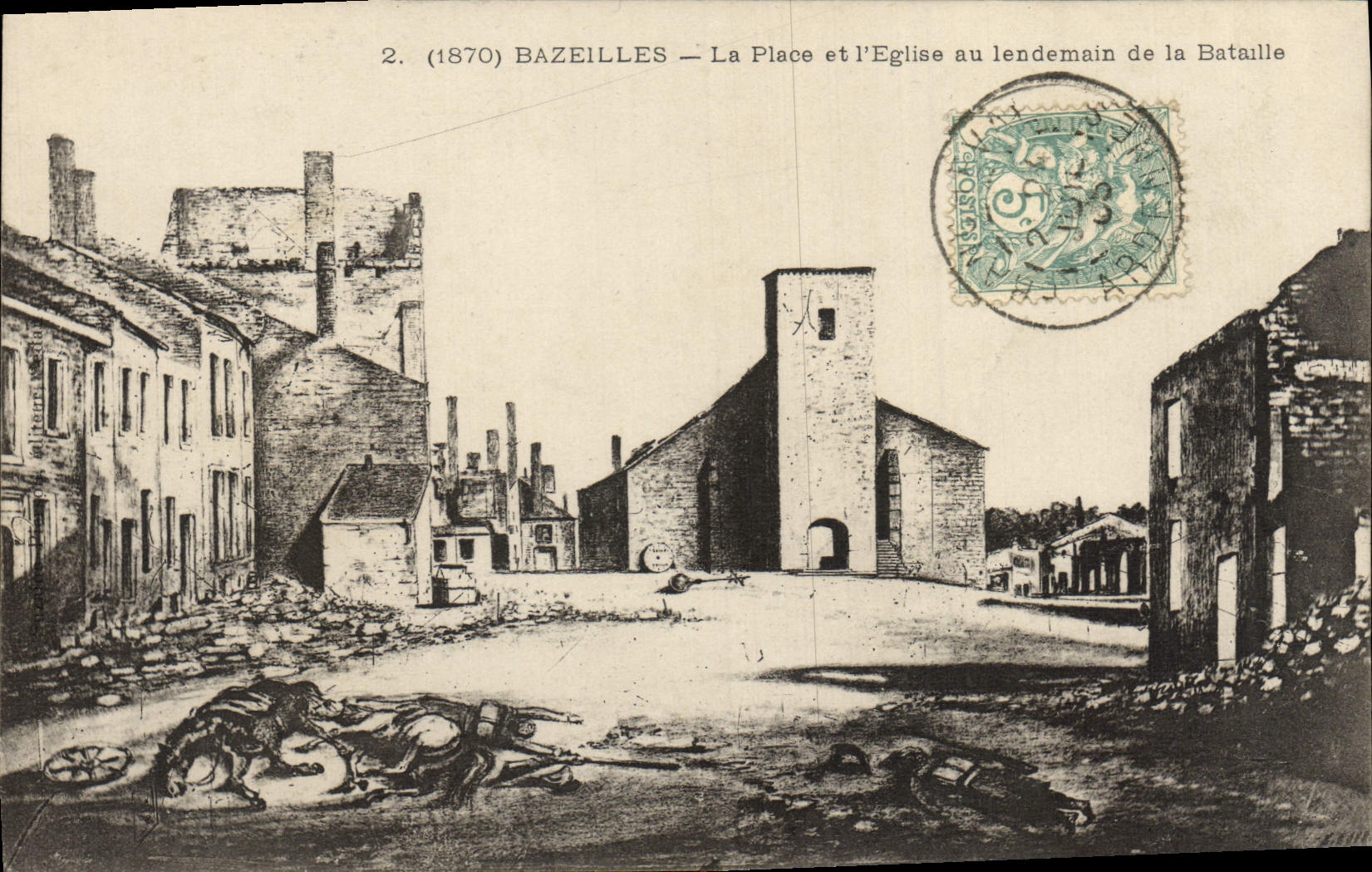 CPA Bazeilles La Place et l'Eglise au lendemain de la Bataille Militaria