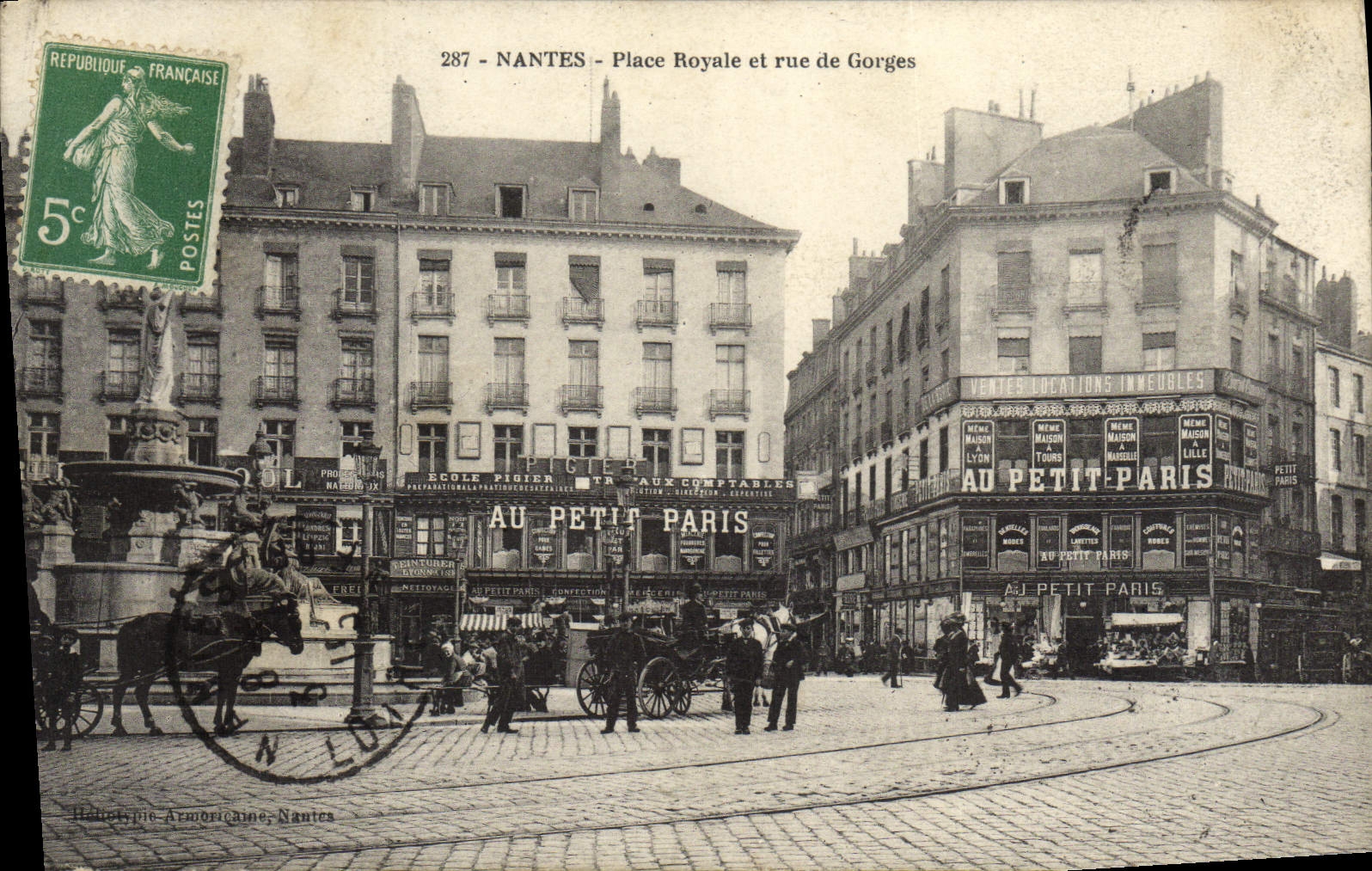 Lugares de Nantes de la POSTAL de la VENDIMIA reales y calle del almacén de la catarata en pequeña París