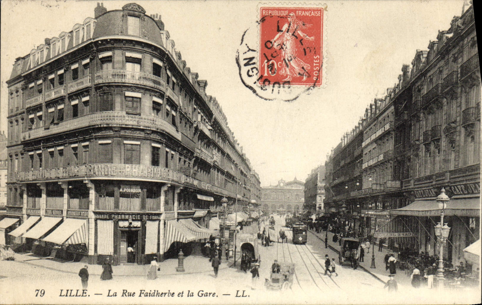 VINTAGE POSTCARD Lille the Street Faidherbe and Train station Pharmacy
