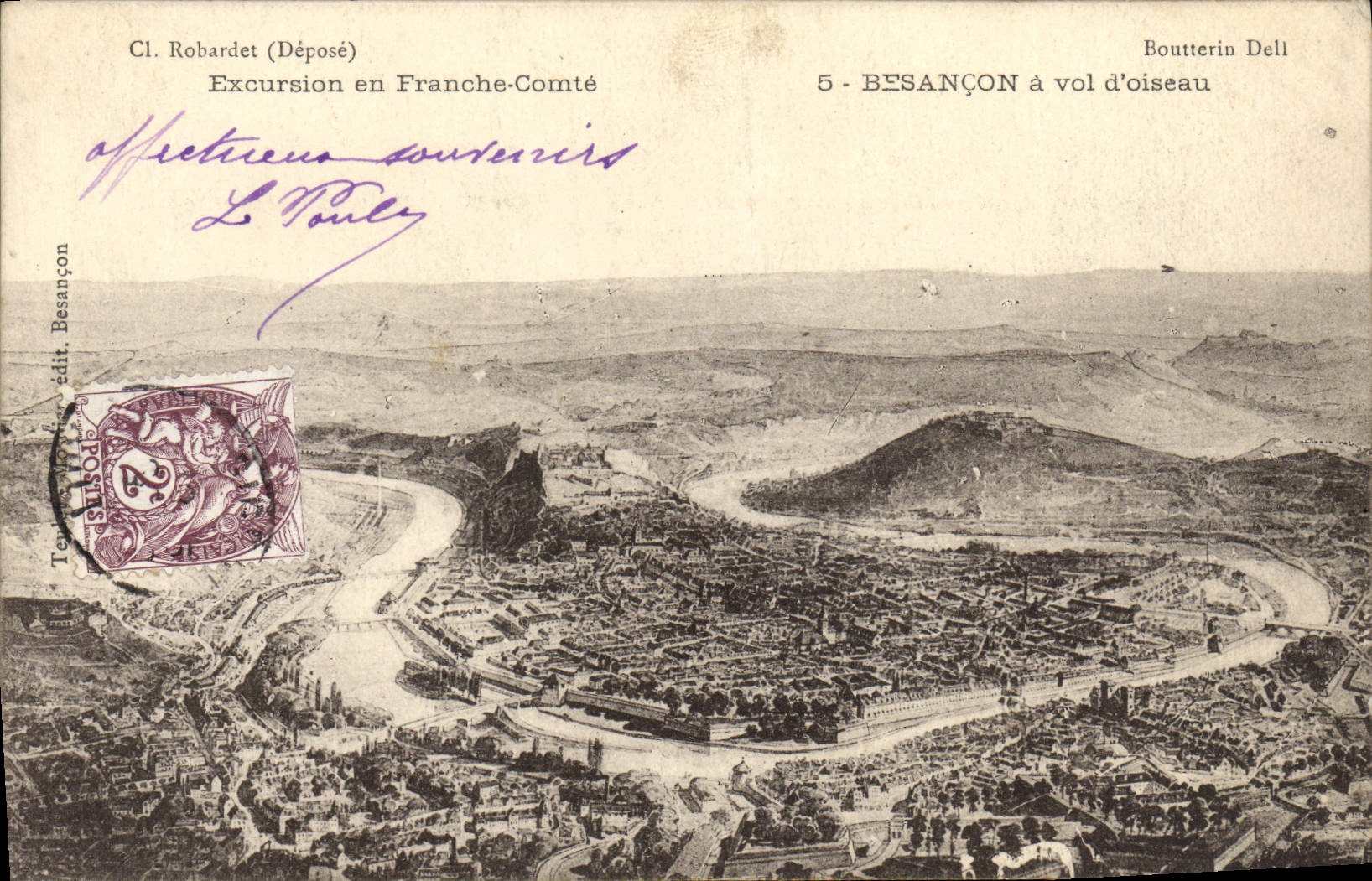 VINTAGE POSTCARD Excursion into Frank Count Besancon as the crow flies