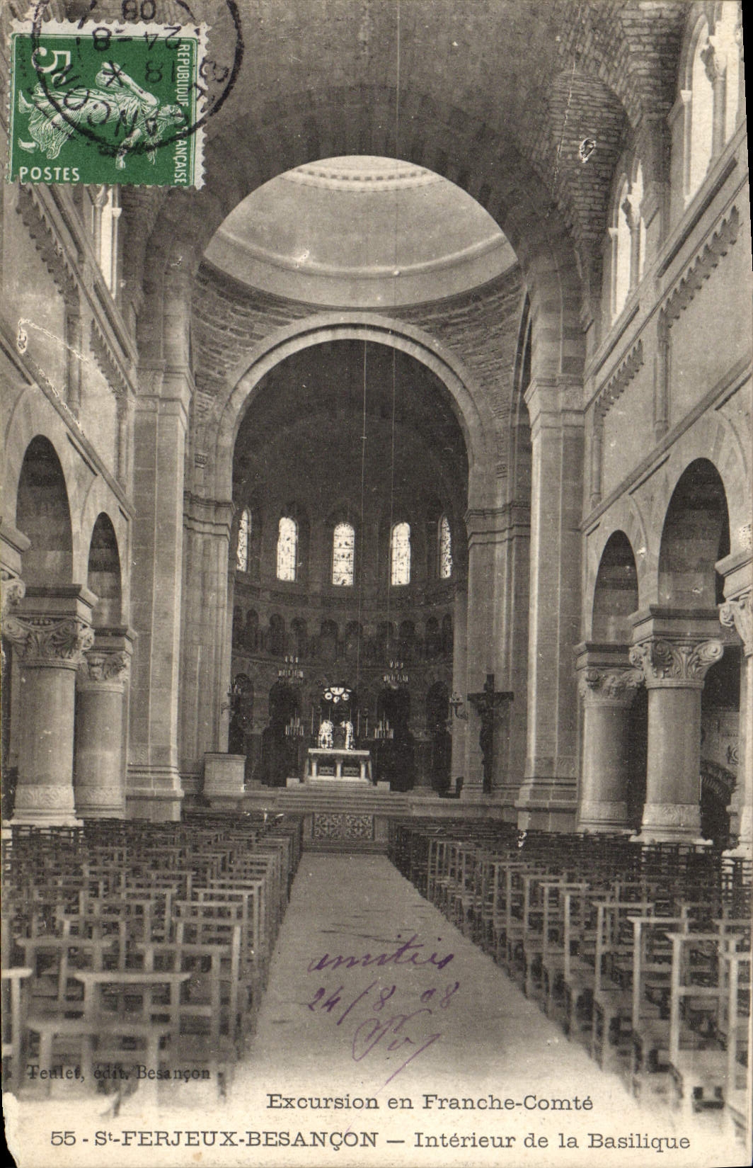 VINTAGE POSTCARD St Ferjeux Besacon Interior of the Basilica