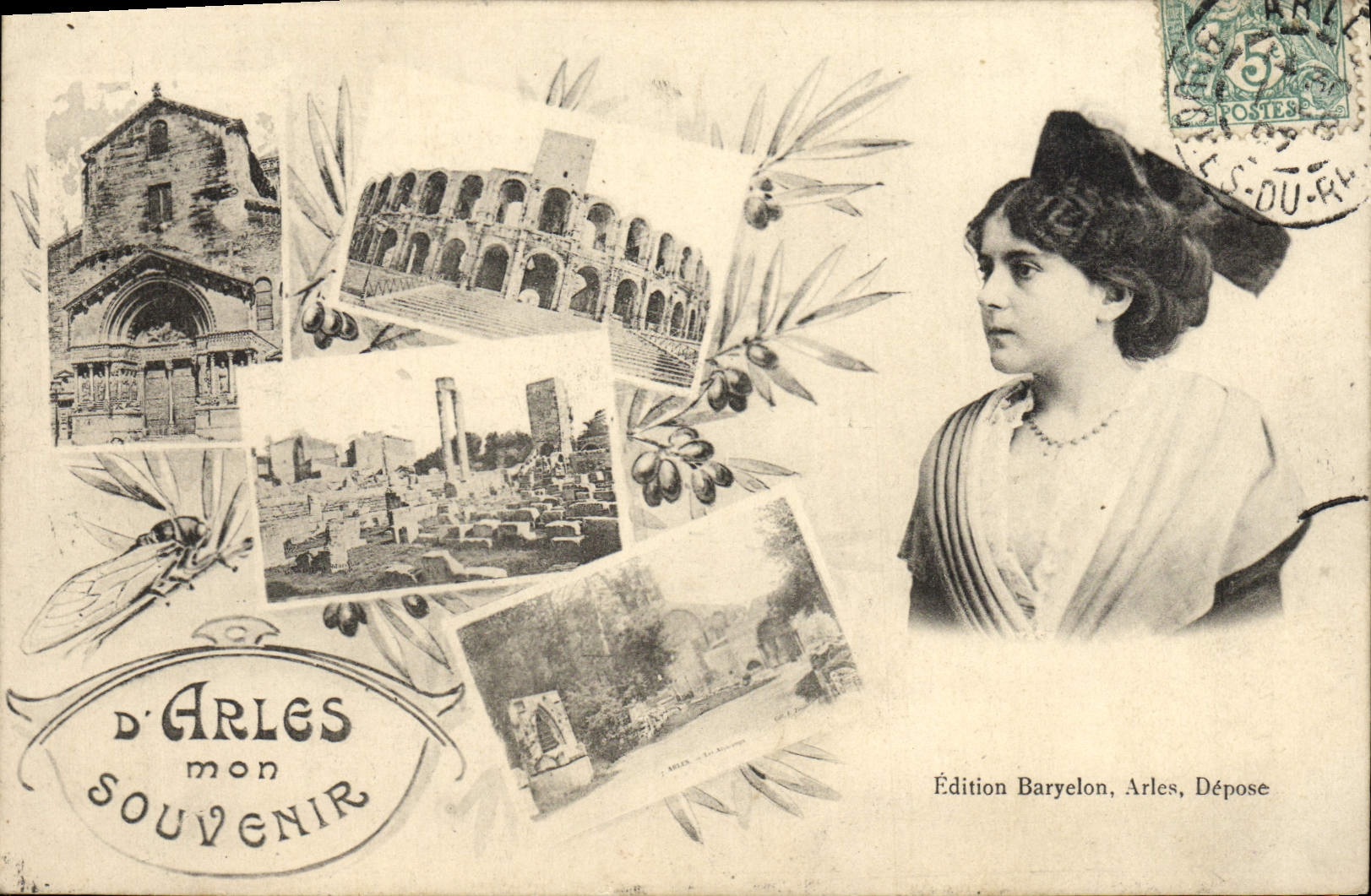VINTAGE POSTCARD Arles My Souvenir Arena Folklore Cicada