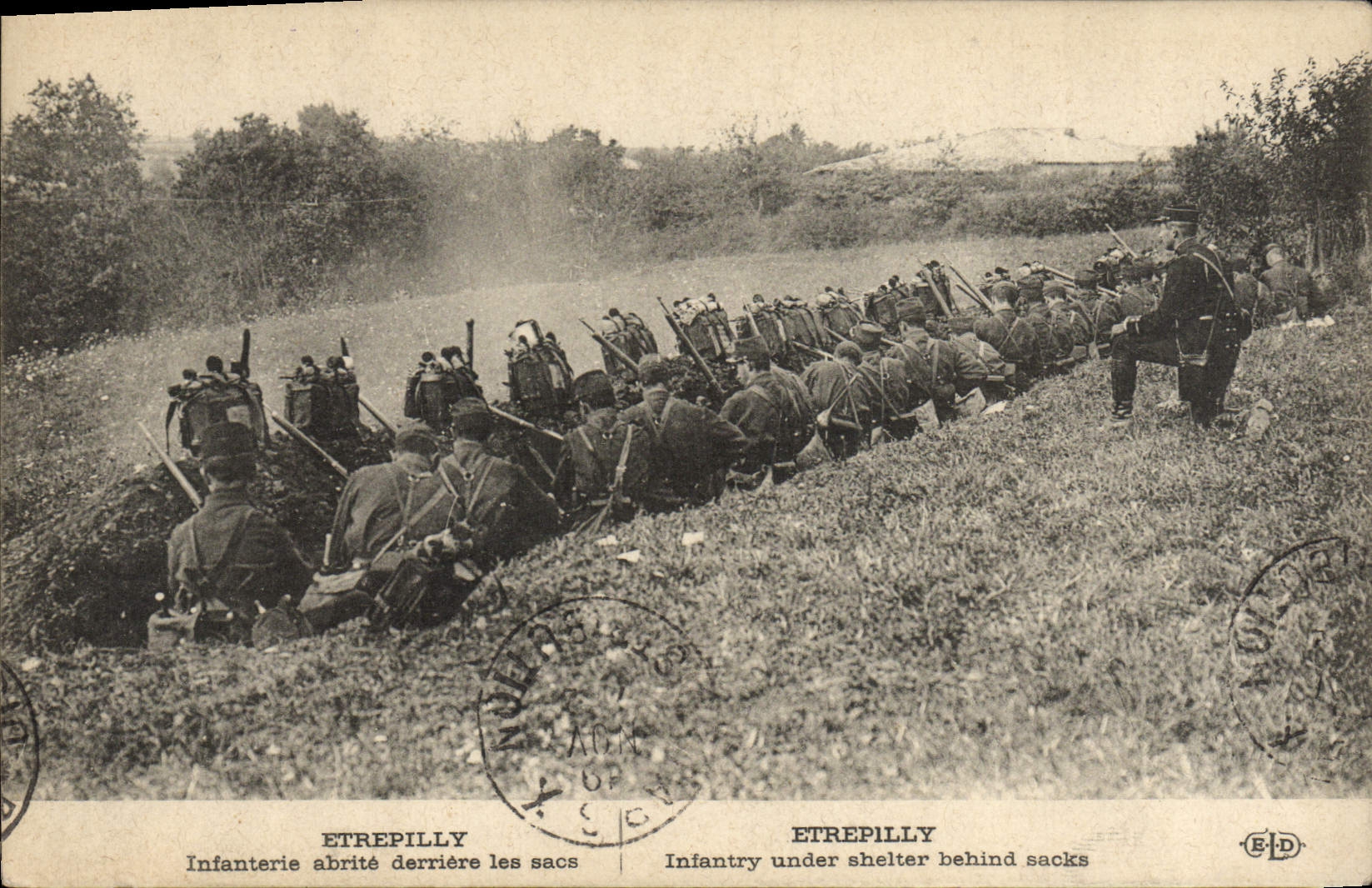 VINTAGE POSTCARD Etrepilly Infanterie Shelters Behind the Militaria Bags