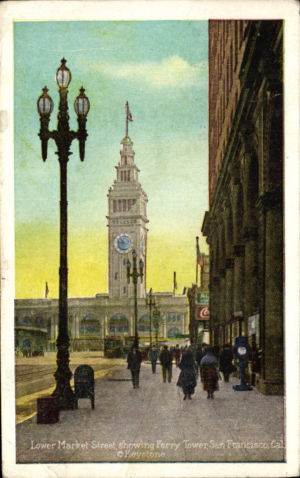 Calle de un mercado más bajo de la POSTAL de la VENDIMIA que demuestra la torre San Francisco caloría del transbordador