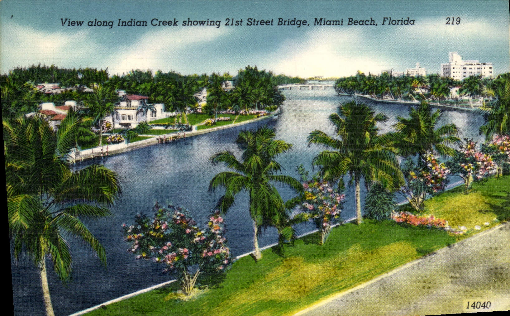 VINTAGE POSTCARD View Along Indian Creek Showing Street Bridge Miami Beach Florida