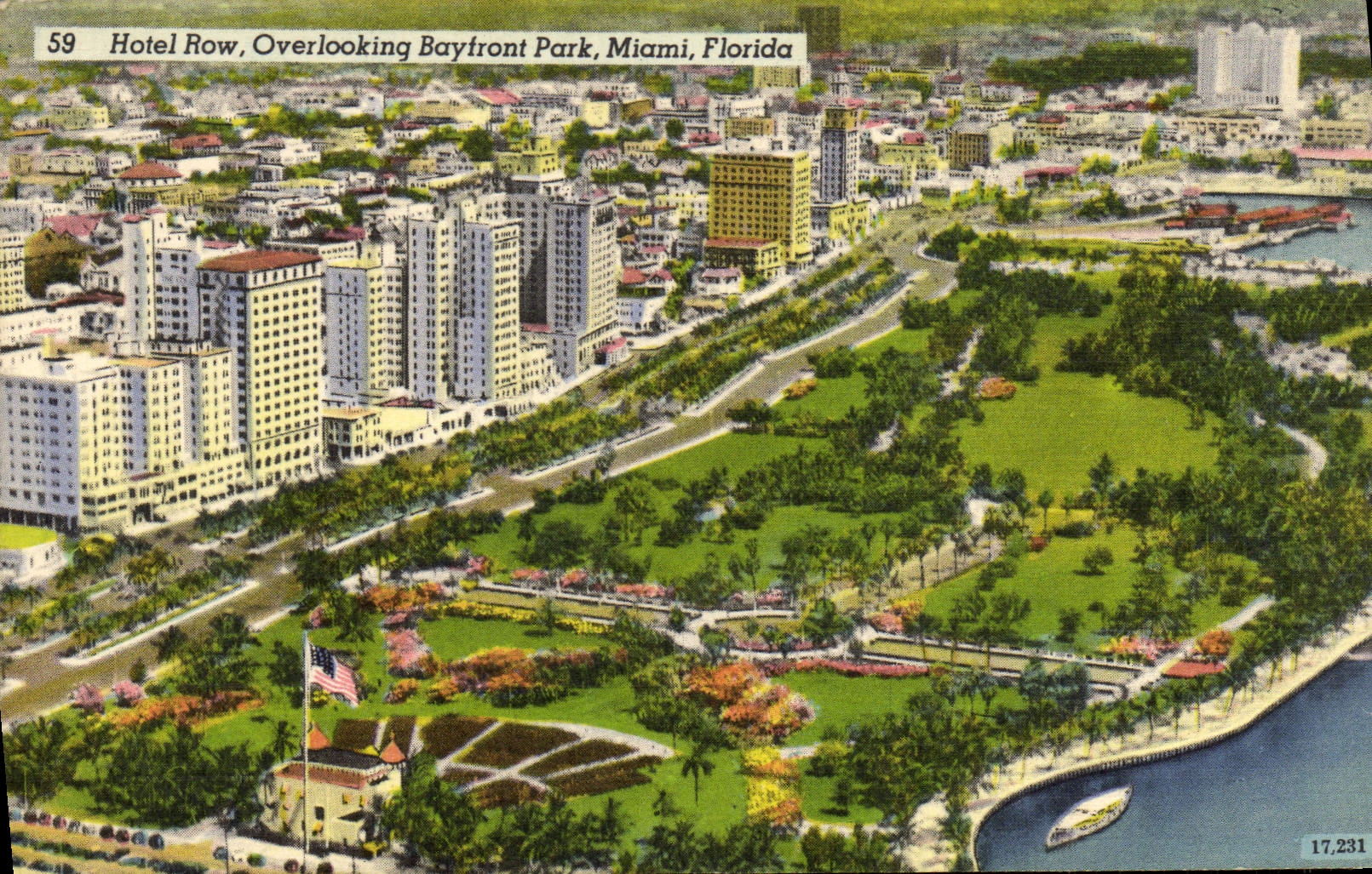 VINTAGE POSTCARD Hotel Row Overlooking Bayfront Park Miami Florida