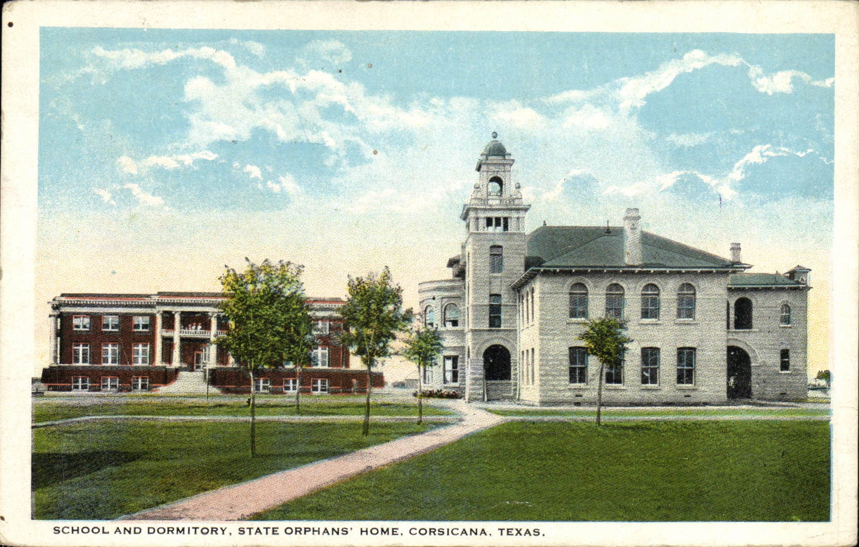 La escuela y el dormitorio de la POSTAL de la VENDIMIA indican a huérfanos Corsicana casero Tejas