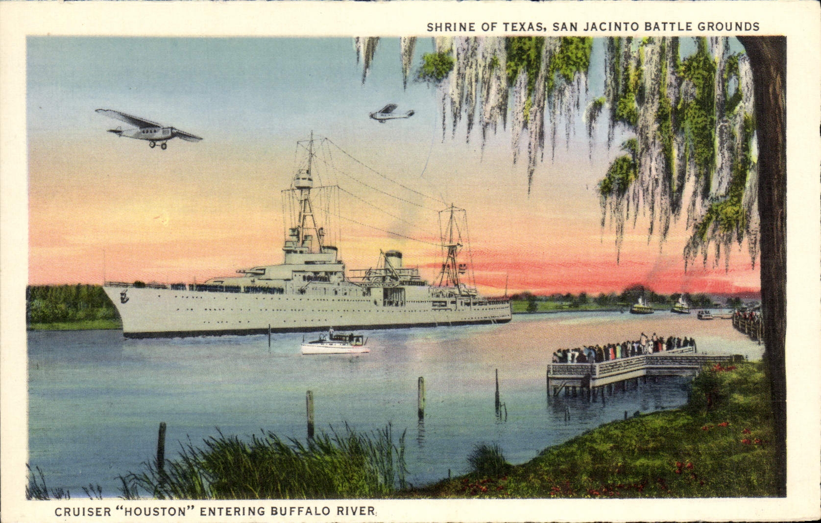 CPA Shrine Of Texas San Jacinto Battle Grounds Bateau Avion Cruiser Houston entering Buffalo River