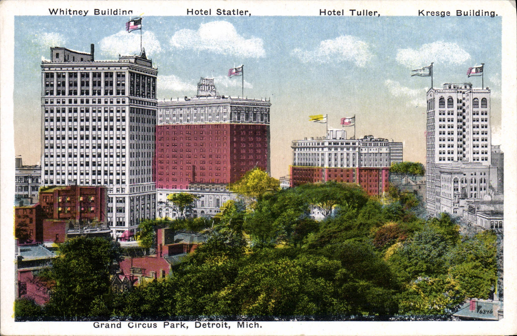 VINTAGE POSTCARD Large Circus Park Strait Mich Whitney Building Hotel Statler Tuller Hotel