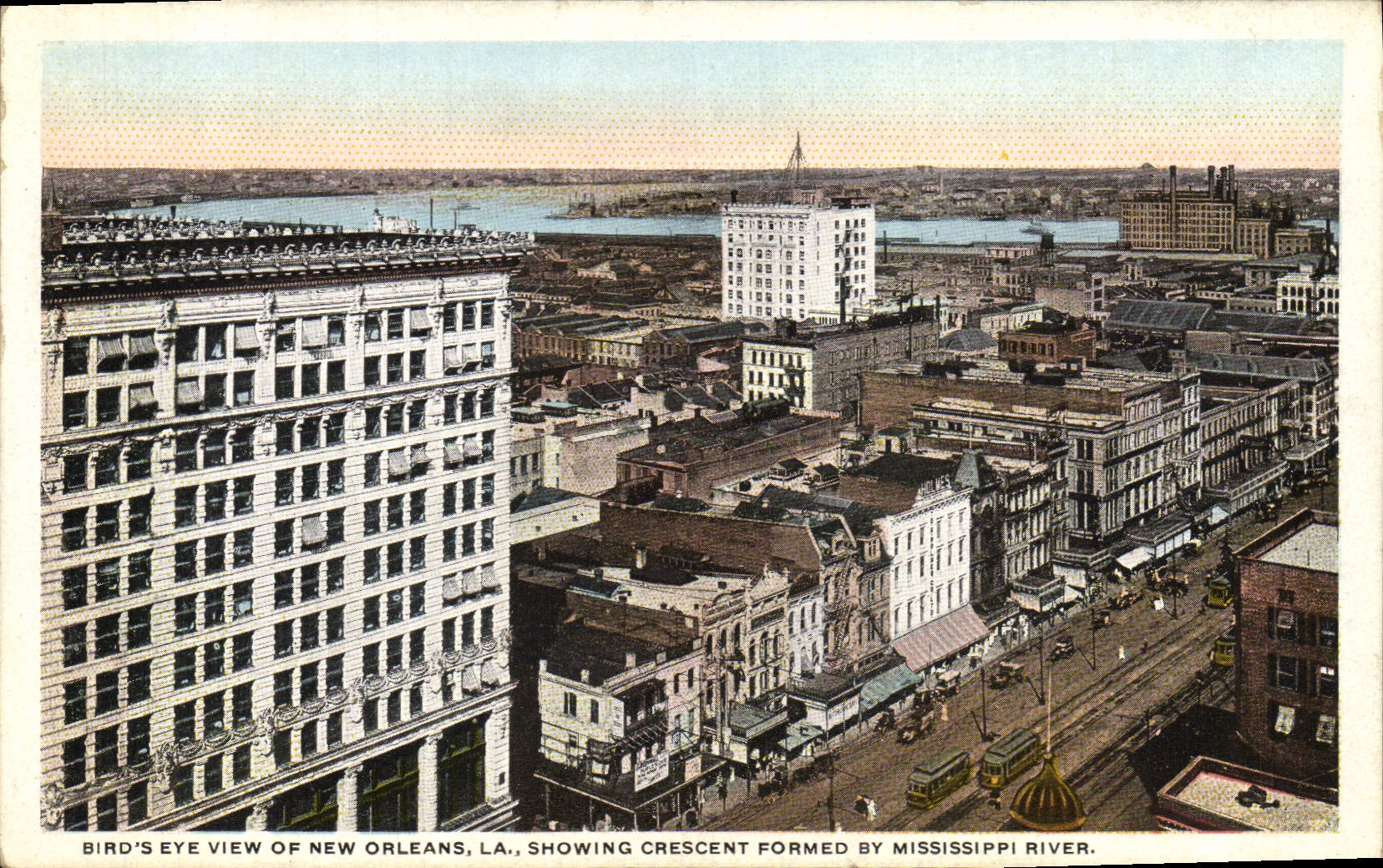 La opinión del ojo de Bird E de la POSTAL de la VENDIMIA de New Orleans que demostraba la crescent formó por el Mississippi para clavar