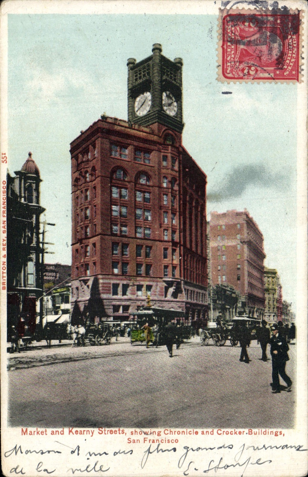 Mercado de la POSTAL de la VENDIMIA y calles de Kearny que demuestran los edificios de Chronicie y de Crocker San Francisco