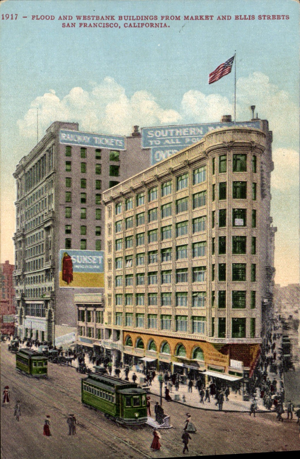 Inundación de la POSTAL de la VENDIMIA y edificios de Westbank de las calles San Francisco del mercado y del Bellis