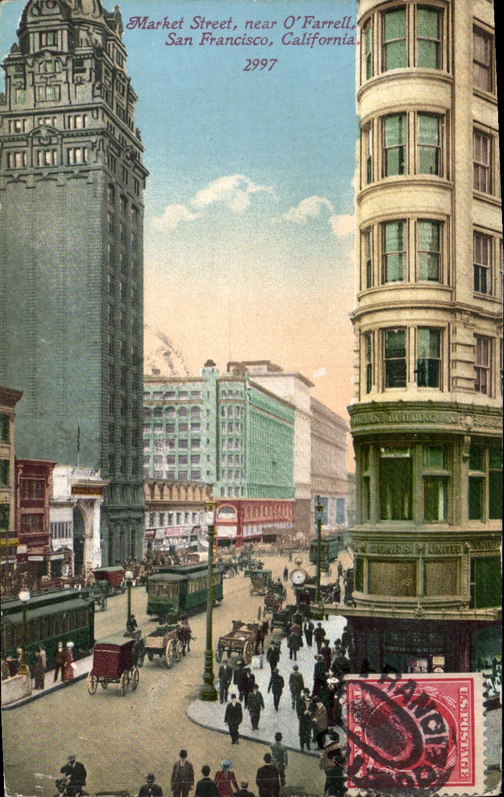 Calle de mercado de San Francisco California de la POSTAL de la VENDIMIA cerca de O Farrel