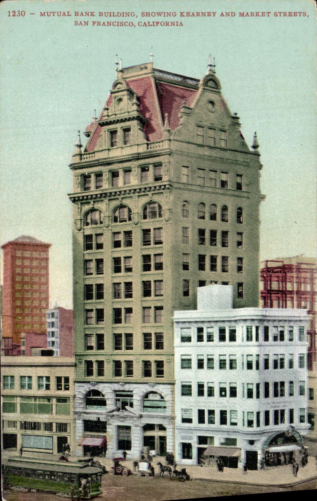 Edificio de banco mutuo de San Francisco California de la POSTAL de la VENDIMIA que demuestra Kearney y las calles de mercado