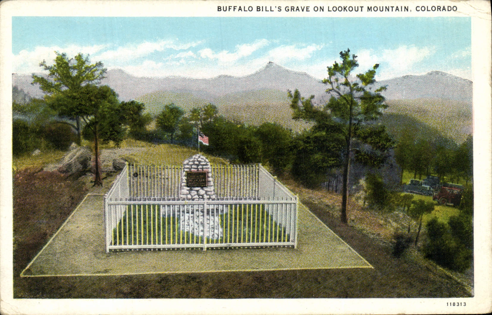 El búfalo Bill S de Colorado de la POSTAL de la VENDIMIA graba un puesto de observación montana