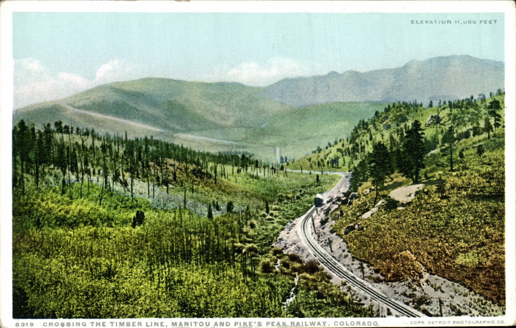 POSTAL de la VENDIMIA que cruza la línea de madera Manitoban y Pike Colorado ferroviario máximo