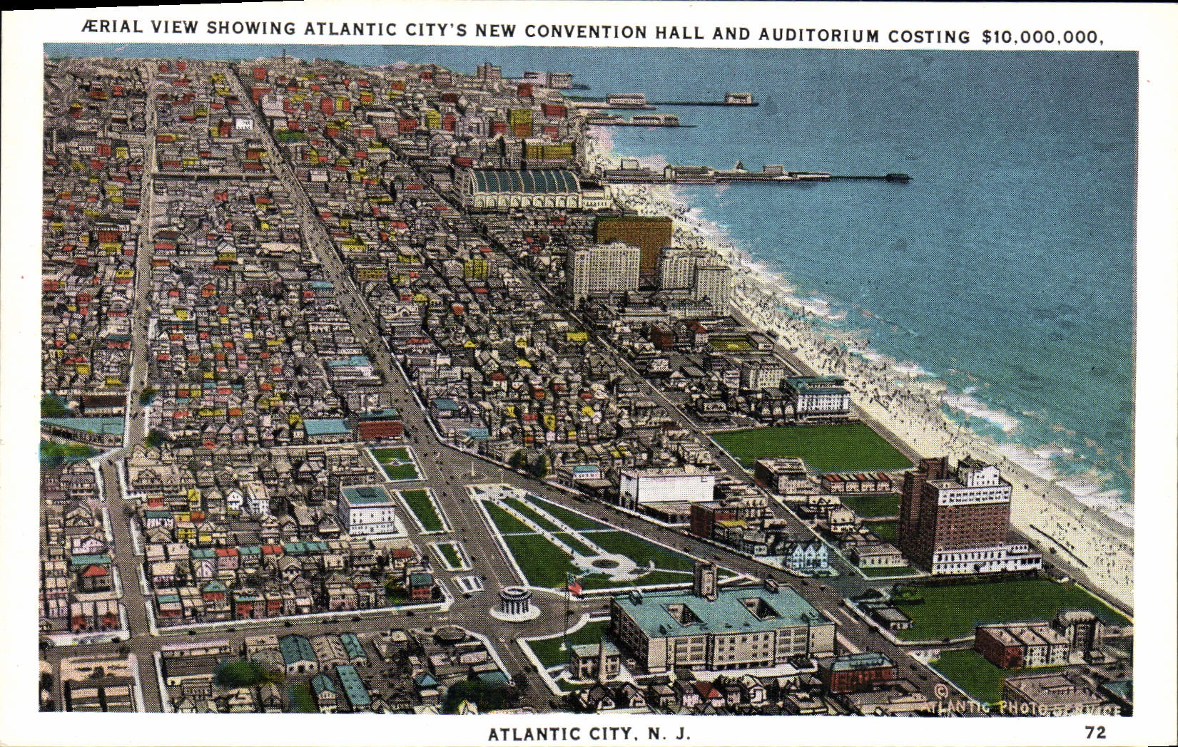 VINTAGE POSTCARD Aerial View Showing Atlantic City' S New Convention Hall and Costing Auditorium
