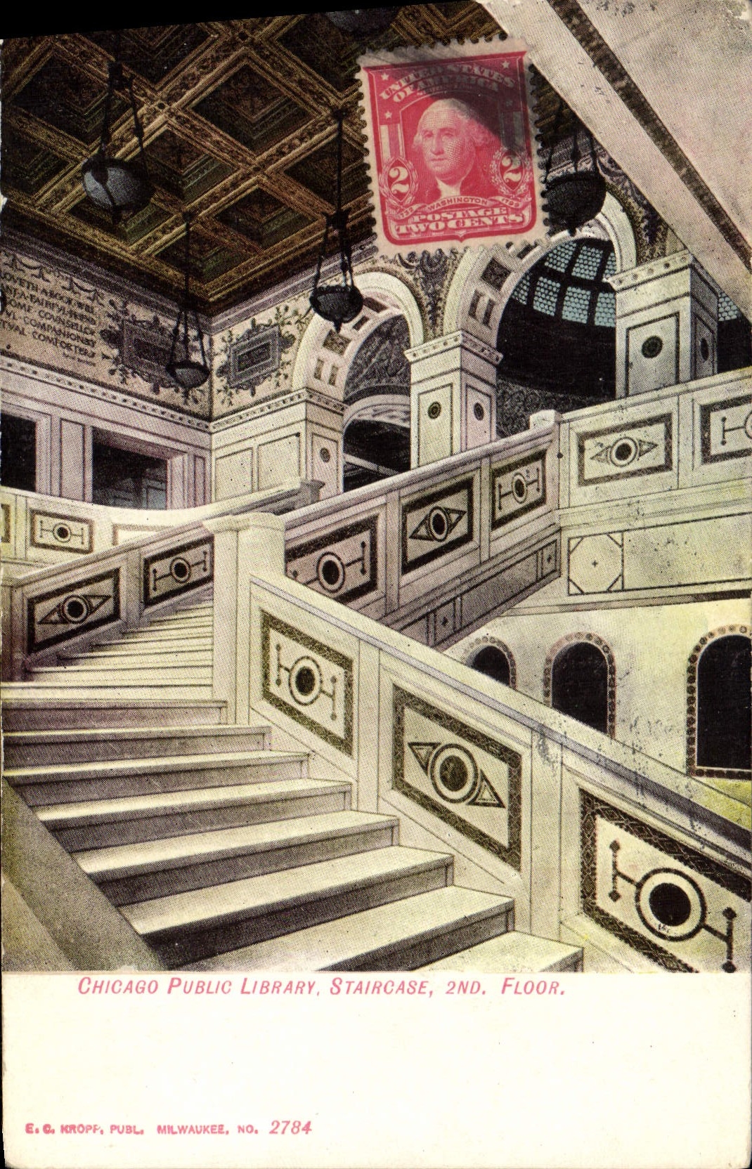 VINTAGE POSTCARD Public Chicago Library Staircase Library