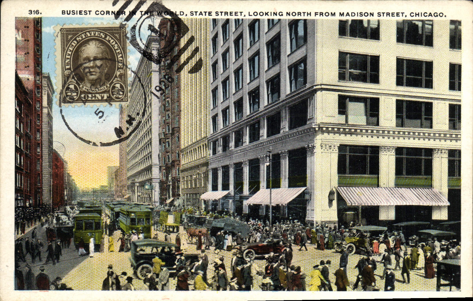 La esquina más ocupada de Chicago de la POSTAL de la VENDIMIA y calle del estado que parece del norte de la calle de Madison