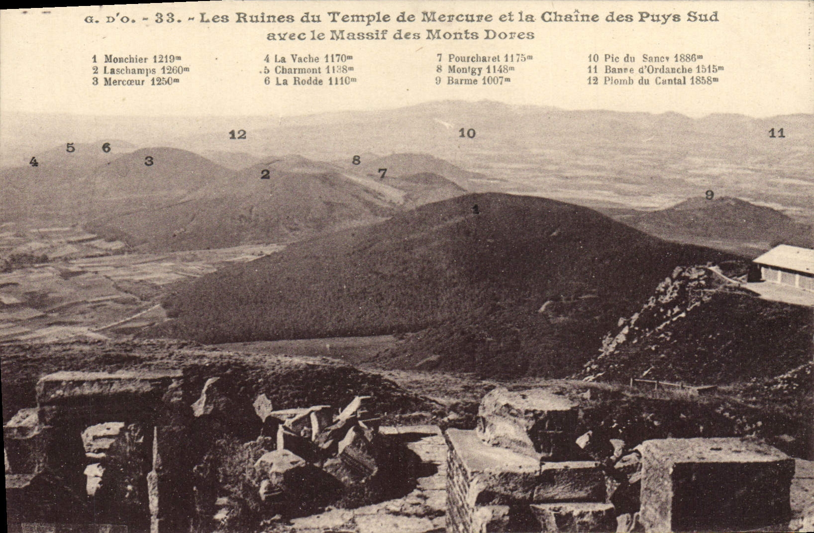VINTAGE POSTCARD the Ruins of the Temple of Mervure and the Chain of Southern Puys with the solid mass of the Mounts Gild