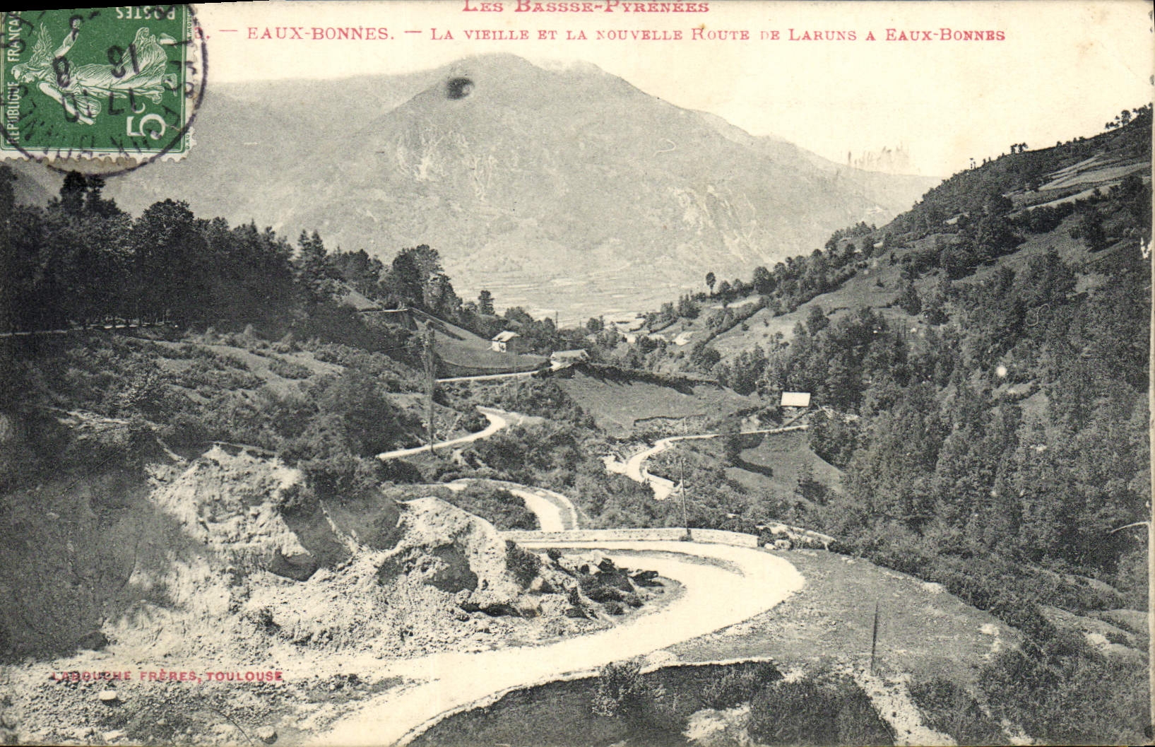 VINTAGE POSTCARD Good Water the Old woman And the new Road of Laruns have Good Eaux
