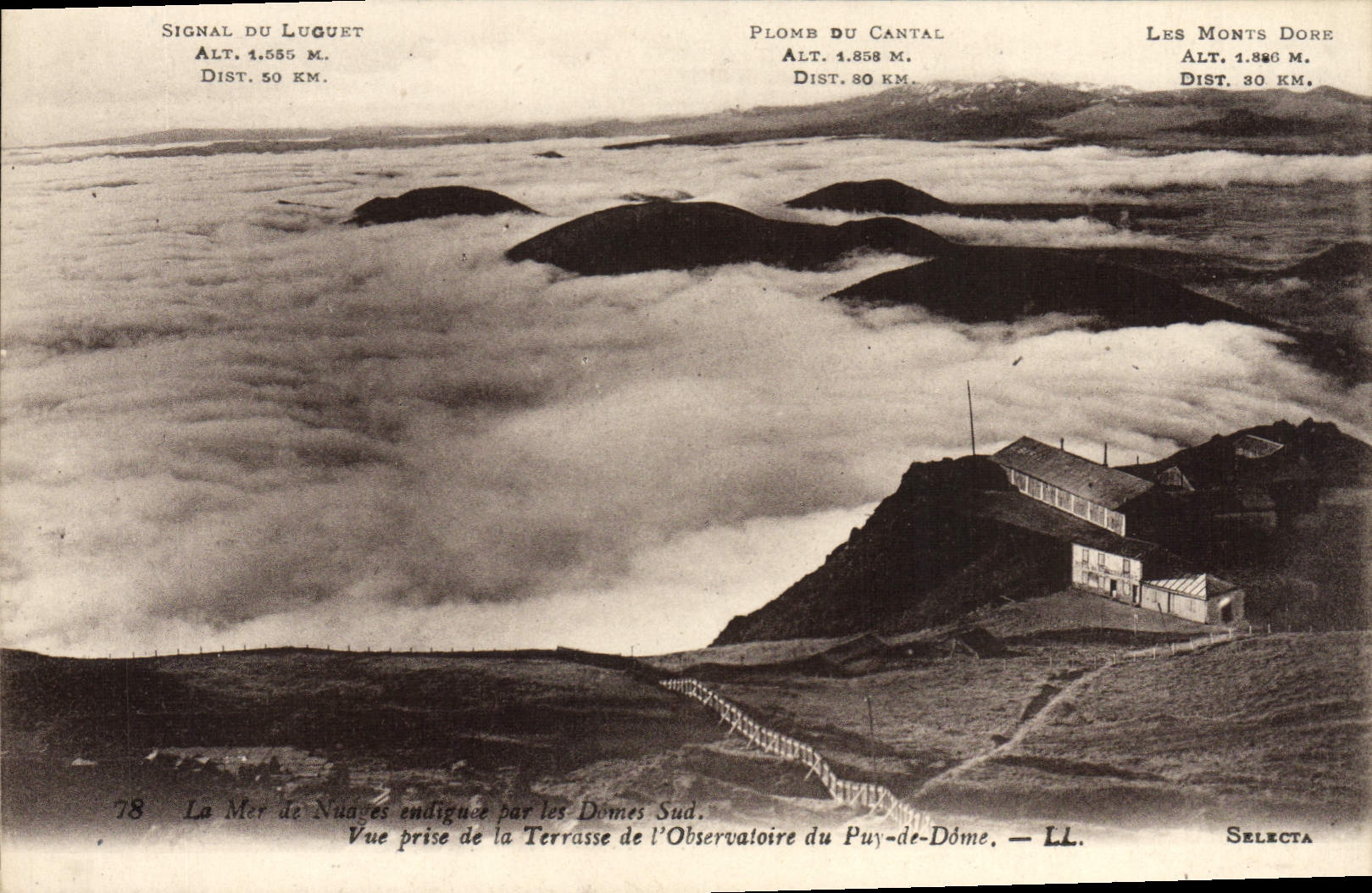 VINTAGE POSTCARD sea of clouds endiguee by the Southern Domes Seen from of the terrace of the obersvatoire of Puy de Dome