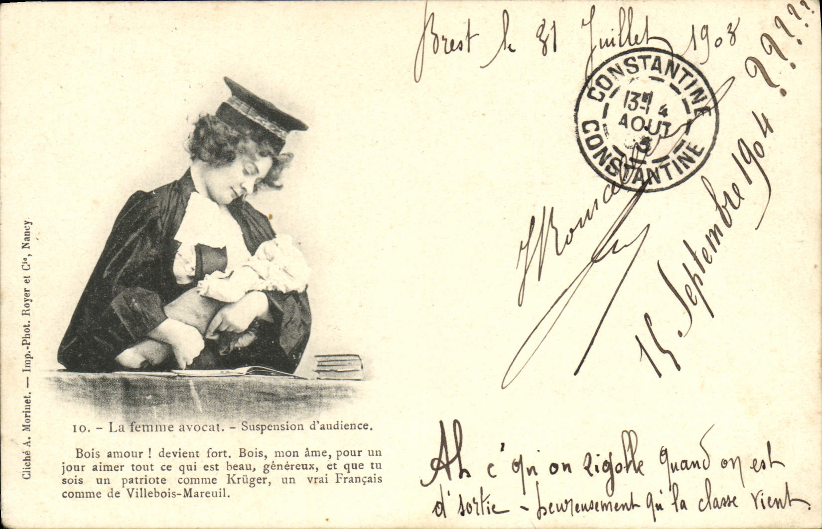 VINTAGE POSTCARD the Woman Lawyer Suspension D' Andience Bois Love Becomes Strong Wood My Heart Judges Justice