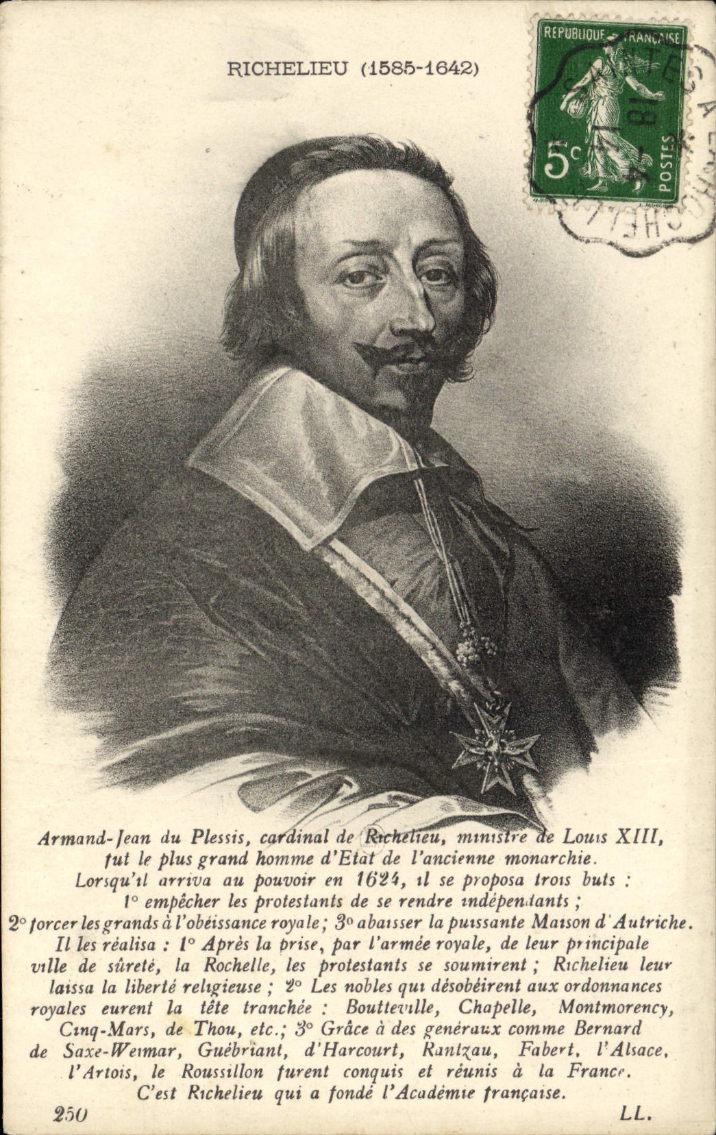 VINTAGE POSTCARD Richelieu Armand Jean Of Cardinal Plessis De Richelieu Minister Of Louis XIII