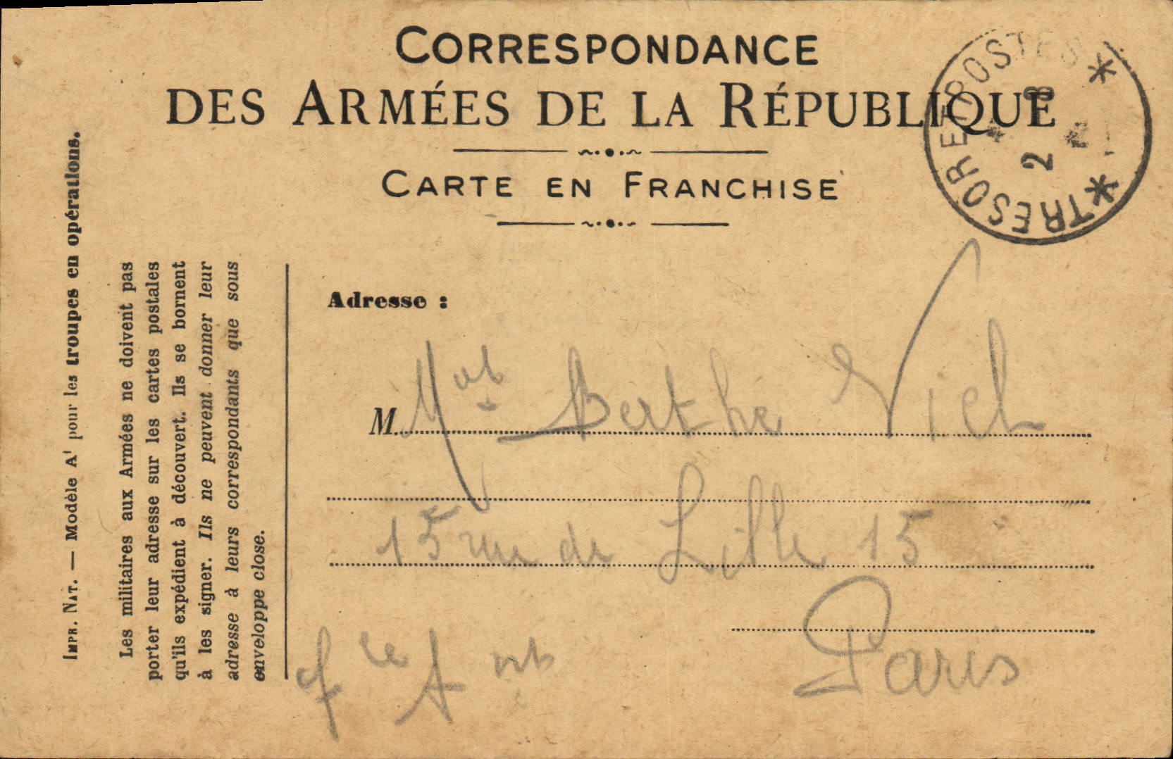 Carte en Franchise Militaire Berthe Viel Rue de Lille de Paris