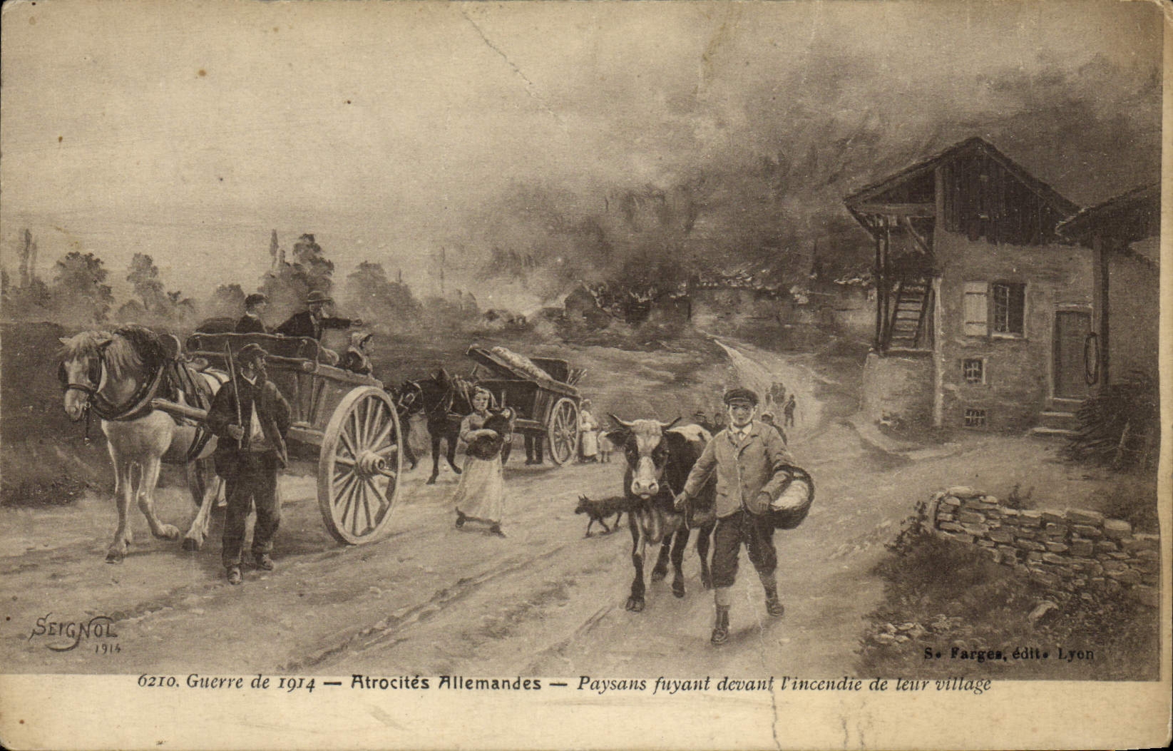 VINTAGE POSTCARD War 1914 German Atrocities Peasants Fleeing In front of Fincendie De Ieur Militaria Village