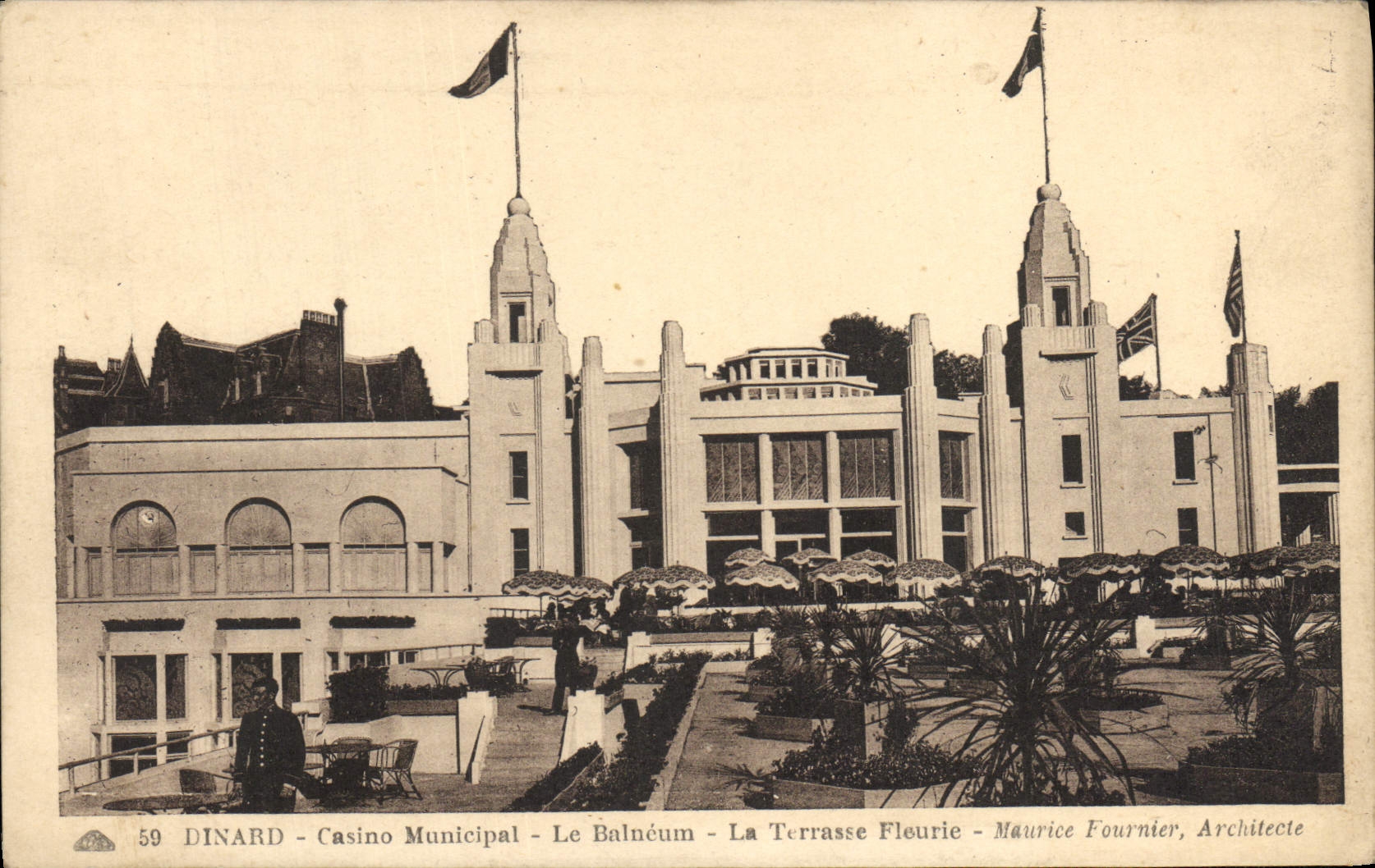 Casino municipal Balneum de Dinard de la POSTAL de la VENDIMIA la terraza florecida