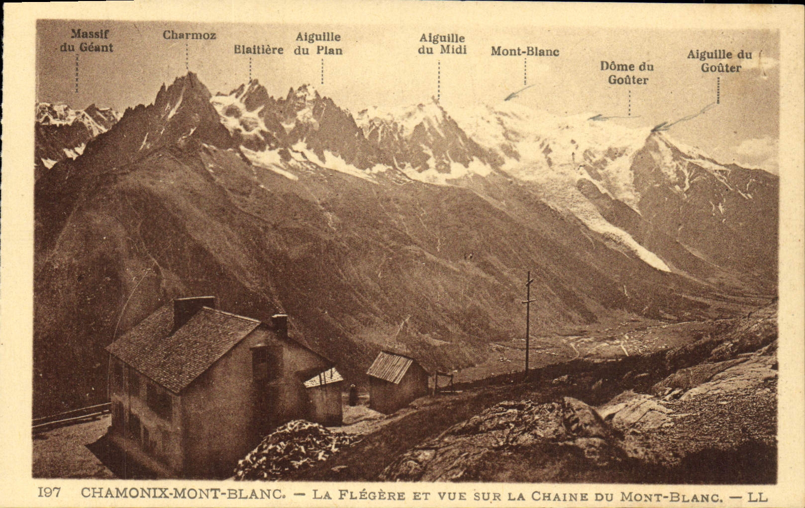 POSTAL Chamonix Mont Blanc Flegere y Vue de la VENDIMIA en la cadena de Mont Blanc