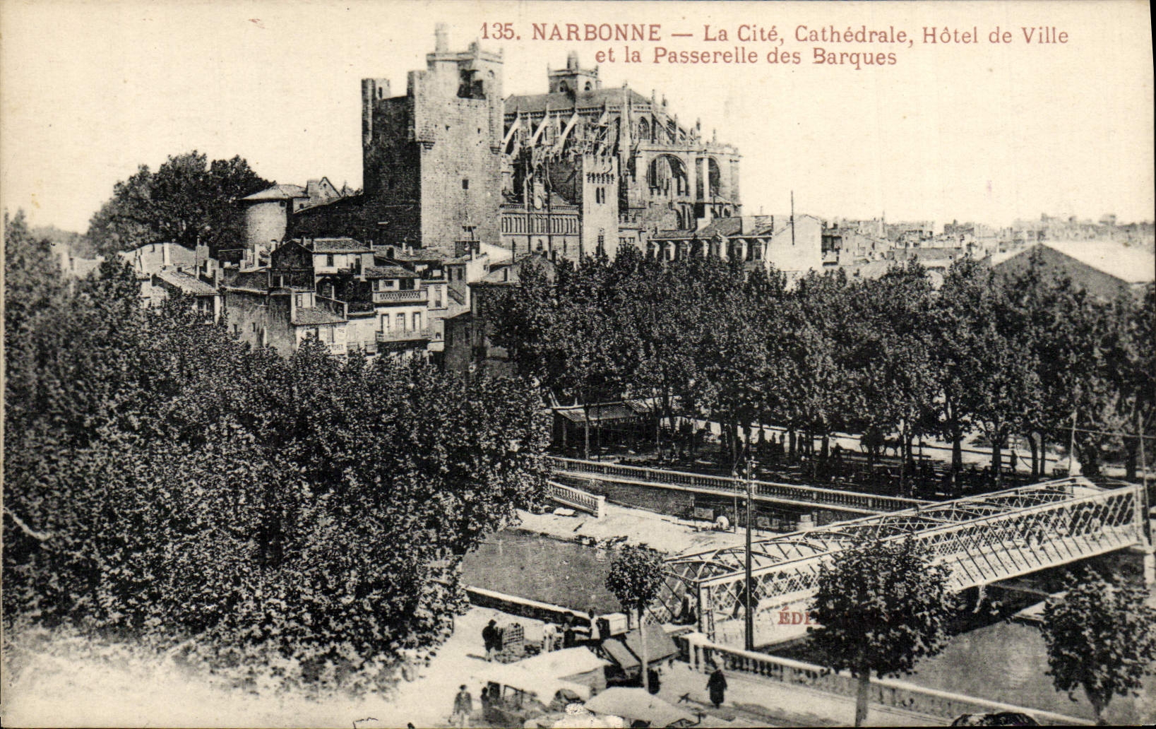 POSTAL Narbonne de la VENDIMIA el ayuntamiento de la catedral del ISCED y la pasarela de los barcos