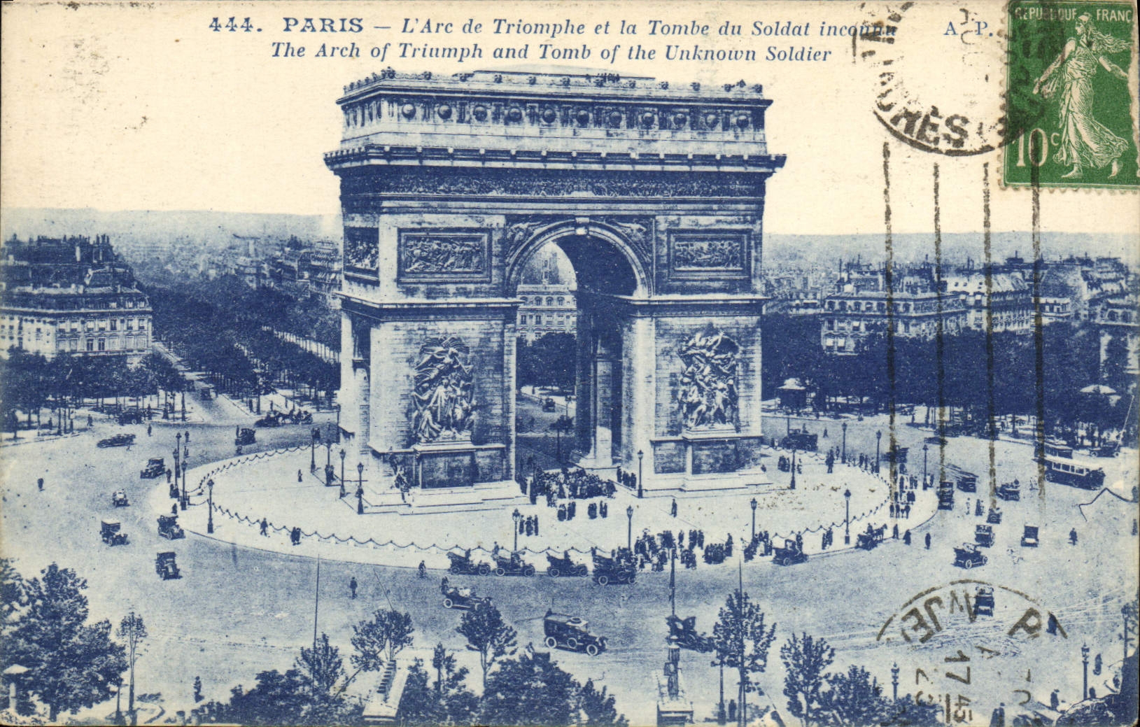 POSTAL París de la VENDIMIA Arc de Triomphe y la tumba del soldado desconocido