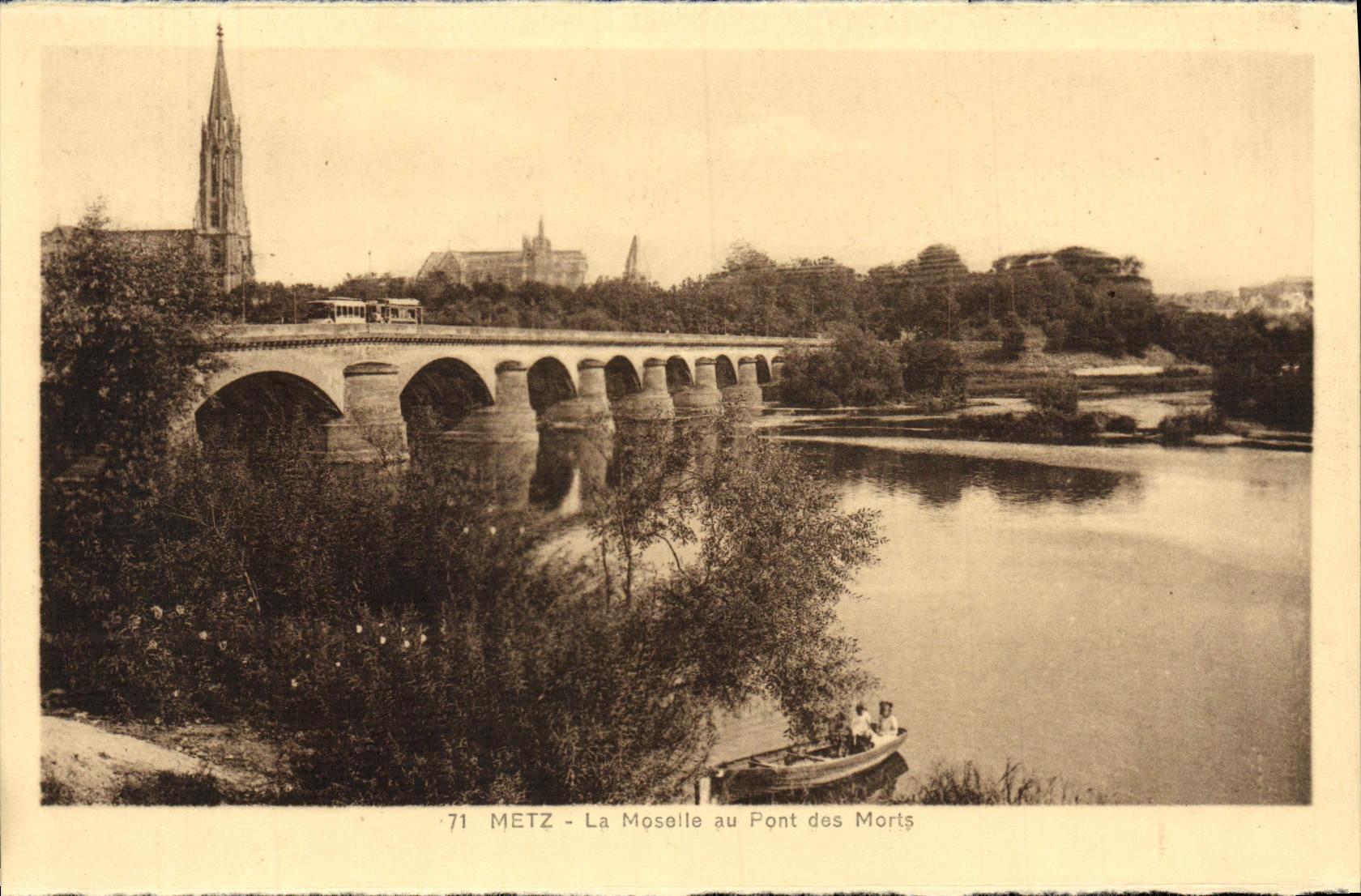 POSTAL Metz de la VENDIMIA el Mosela con el puente de muertes