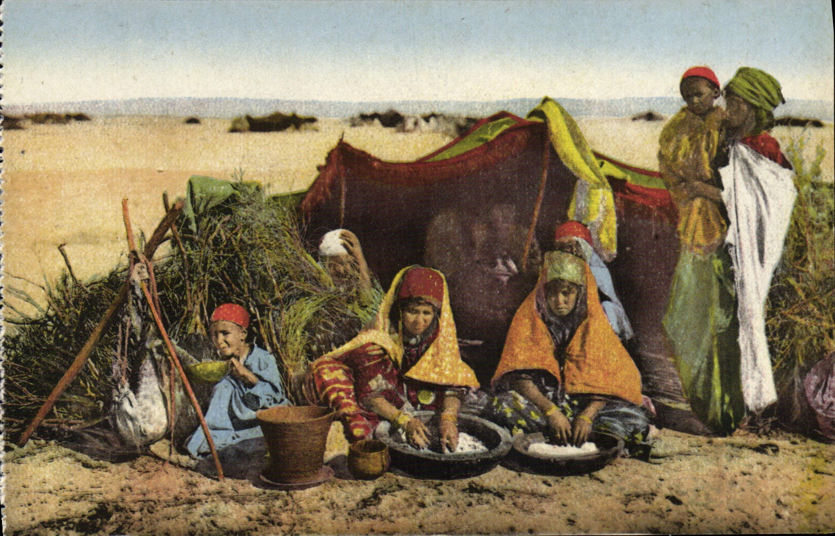 VINTAGE POSTCARD Family Nomarde Preparation Of the Couscous Algeria Folklore