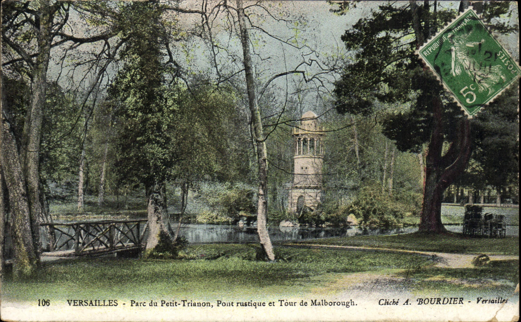 VINTAGE POSTCARD Versailles Park of Small Trianon rustic Bridge and turn of Malborough