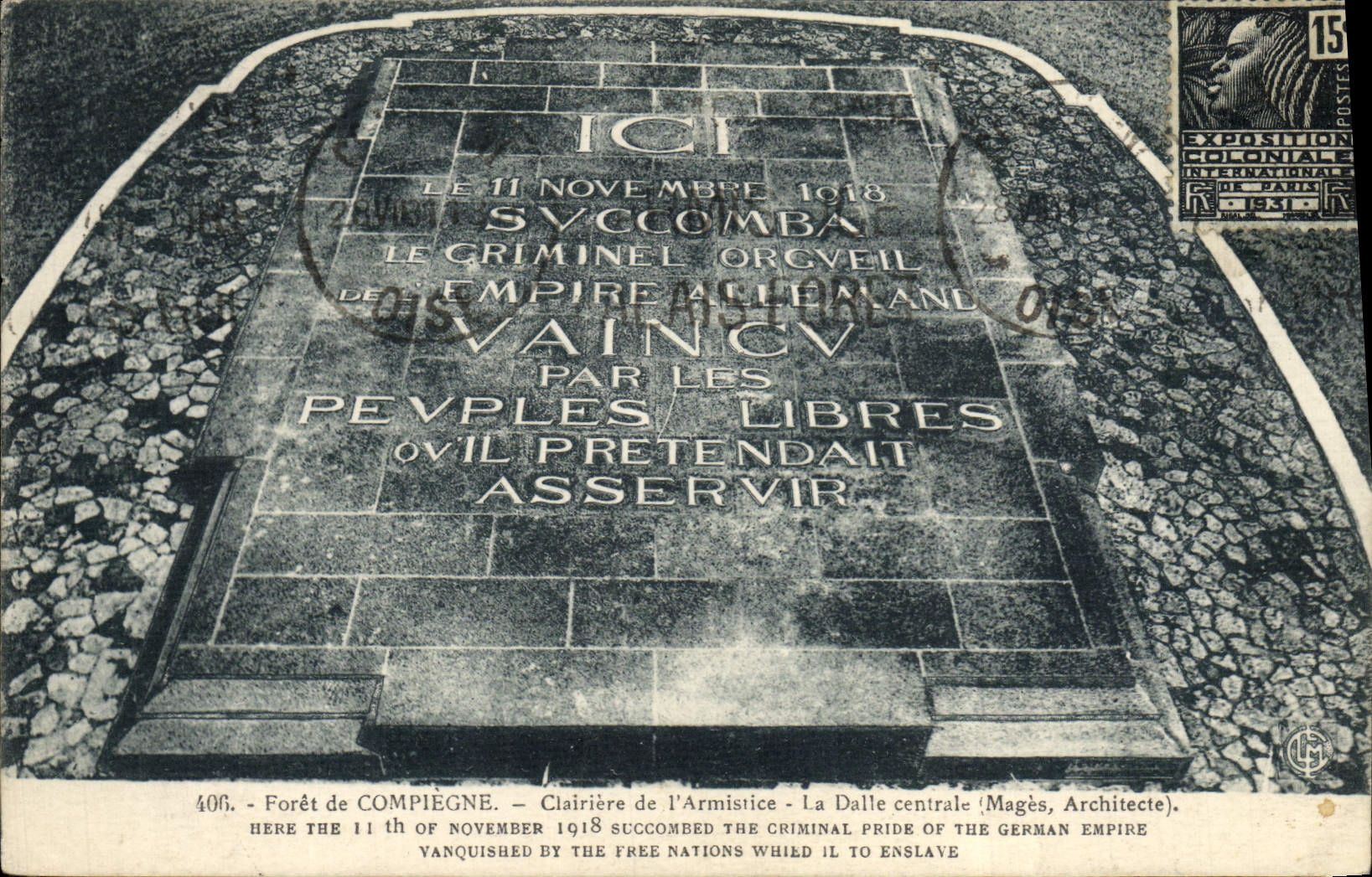 Taladro de la POSTAL de la VENDIMIA del claro de Compiegne del armisticio la losa central Militaria