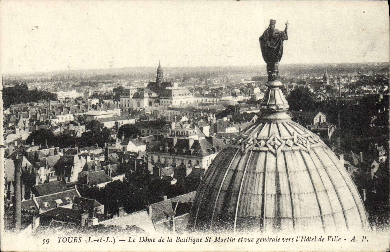 VINTAGE POSTCARD Tours the Dome of the Basilica St Martin and View towards the town hall