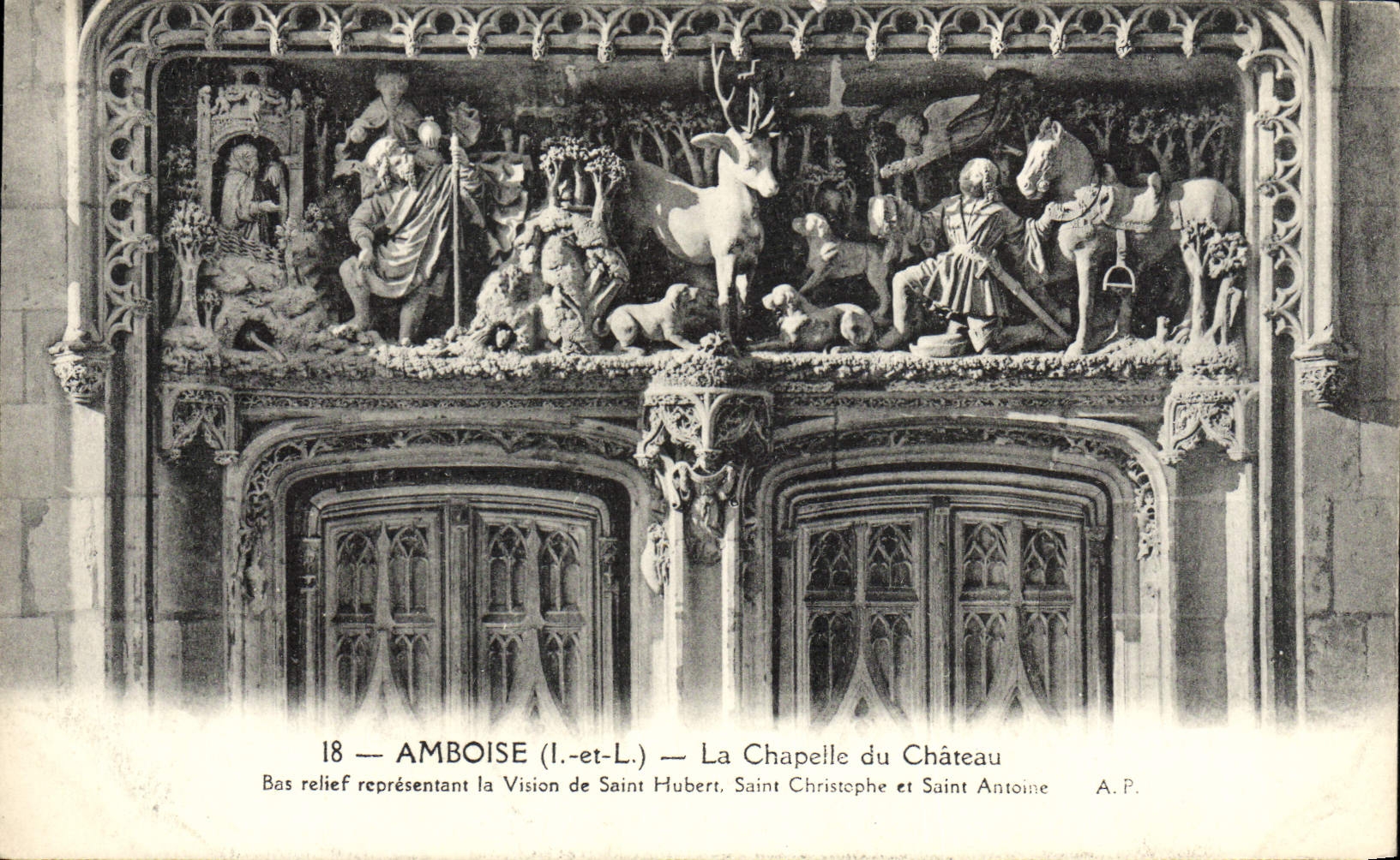 POSTAL Amboise de la VENDIMIA La Chapelle de la relevación baja del castillo que representa la visión de Huberto santo Saint Cristóbal y Antonio santo