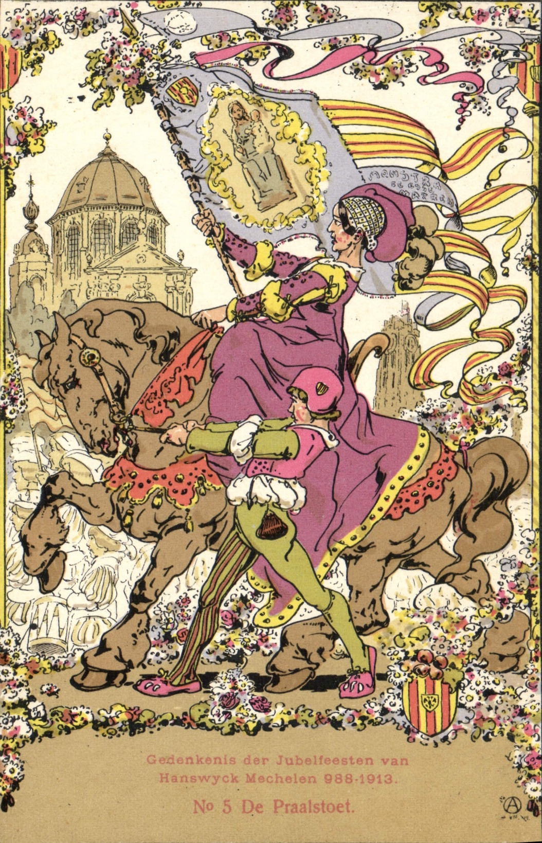 Der Jubelfeesten van Hanswyck Mechelen 988 de Gedenkenis de la POSTAL de la VENDIMIA 1913 caballos del ilustrador de Anlanden van het Miraculeus Beeld